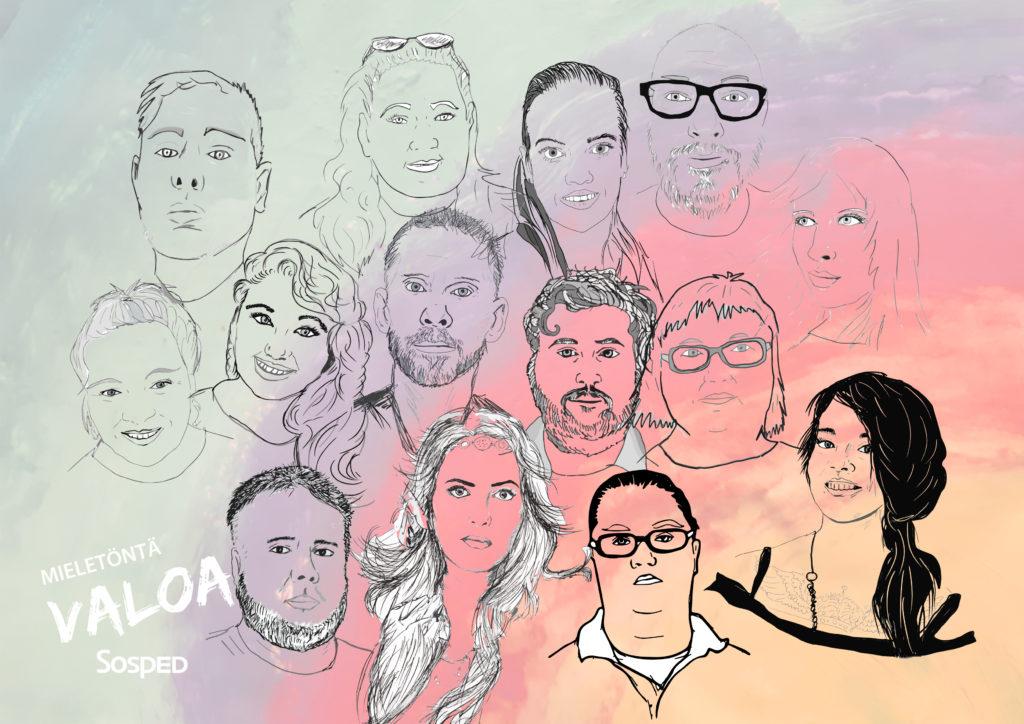 Piirrettyjä kuvia ihmisistä, jotka osallistuvat Mielettömän valon toimintaan.