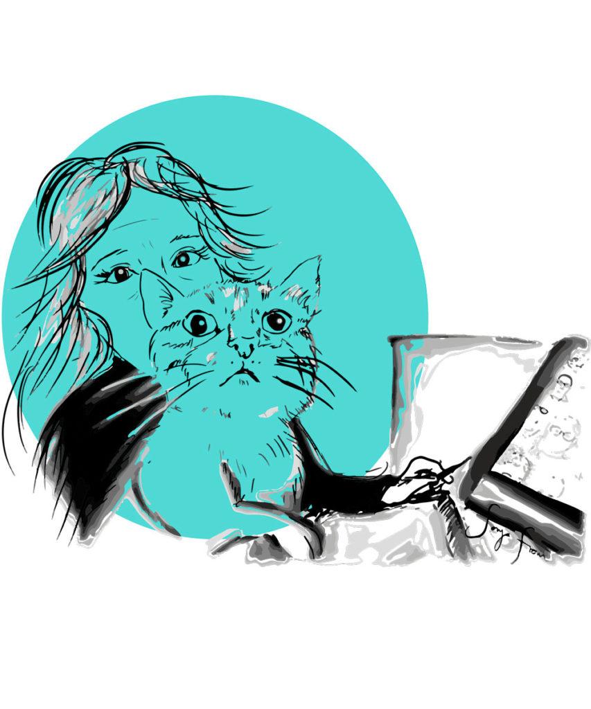 Nainen ja kissa tietokoneella piirretyssä kuvassa