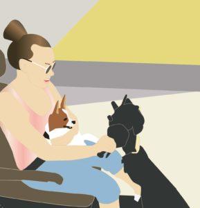 Piiirroskuva sähkömopoa ajavasta ihmisestä, jonka sylissä istuu koira