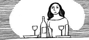 Sarjakuvapiirros naisesta juomassa viiniä