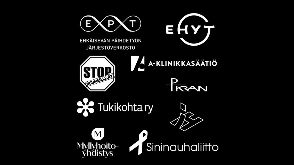 Mustalla pohjalla toimijoiden logoja valkoisella