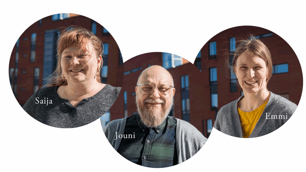 Kolme henkilöä kasvokuvissa. Valon tuottajia eri vuosilta: Saija, Jouni ja Emmi.